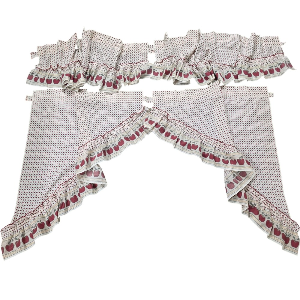 Vintage Cottagecore Apple Print Ruffled Kitchen Curtain Set 4pc Made in USA